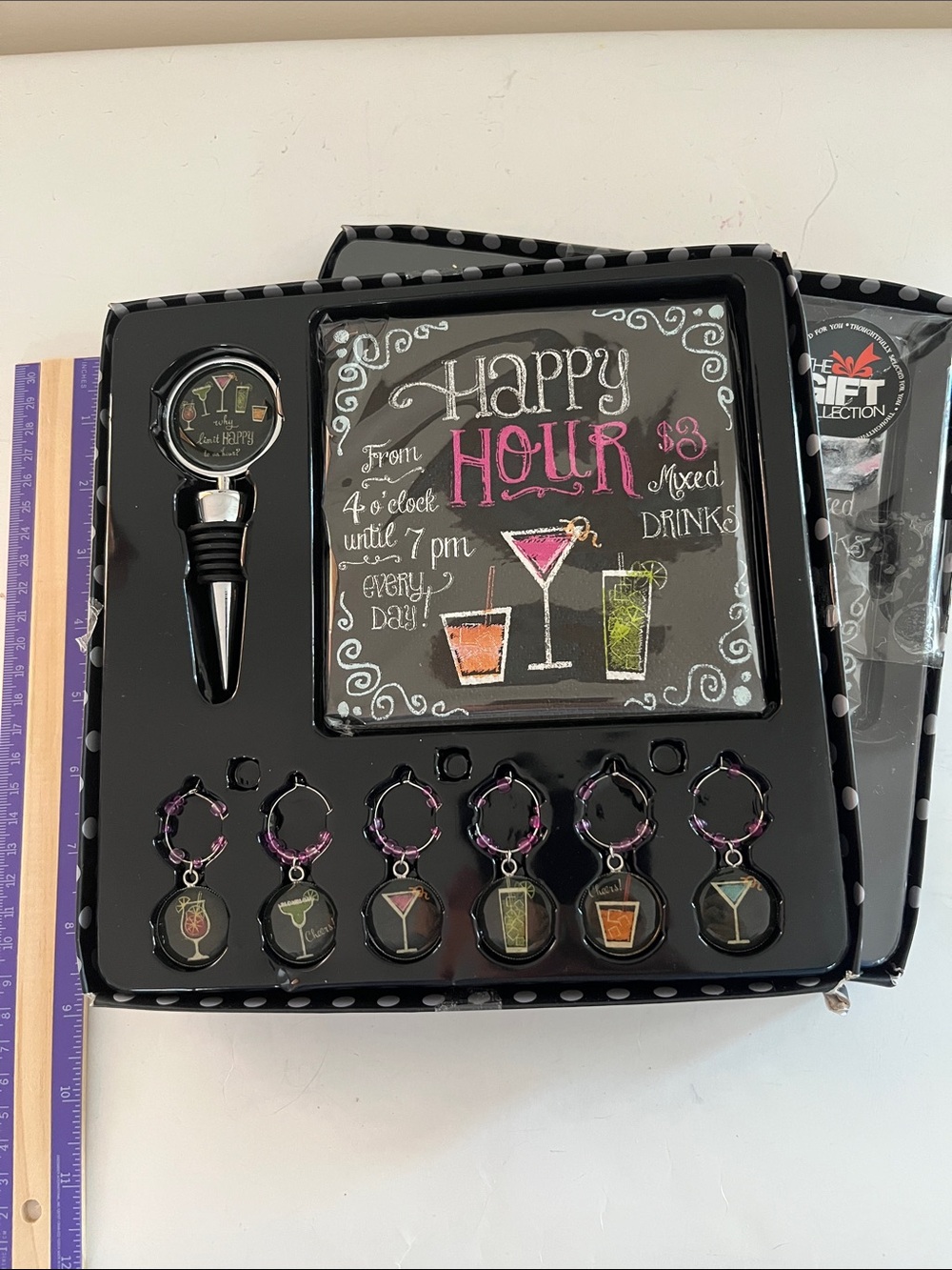 2 Sets of Happy Hour Wine Stopper, Cocktail Napkins & Glass Markers